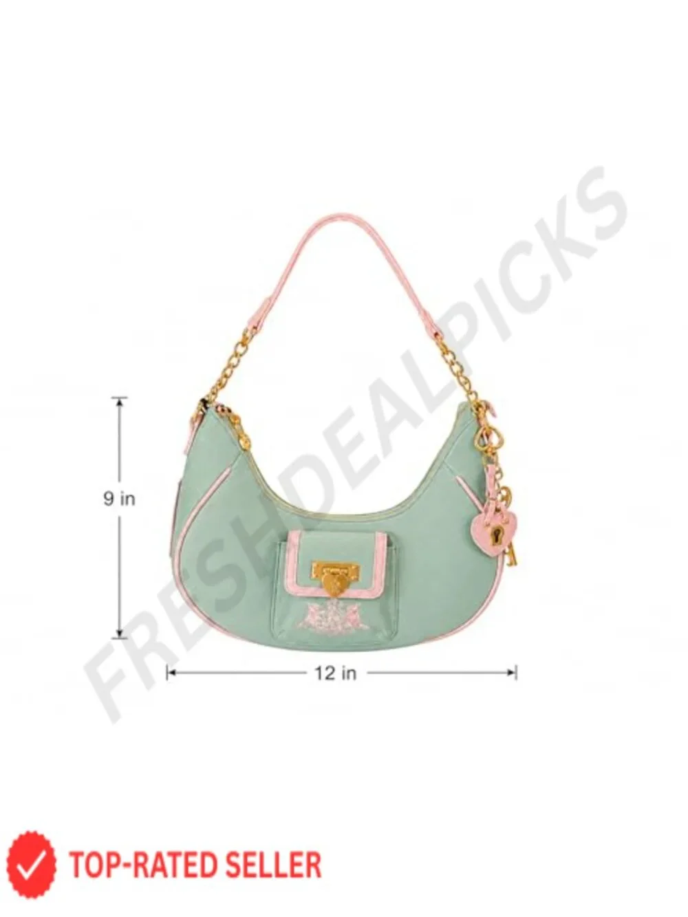 Faux Leather Hobo Bag with Gold-Tone Hardware, Heart Lock Charm, Crescent